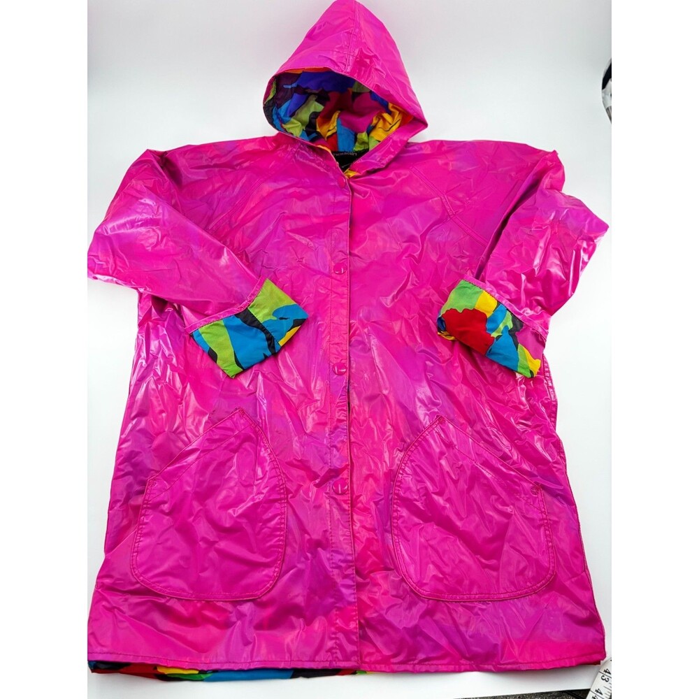 Vtg Shedrain Raincoat Jacket Womens L Pink Floral Lined Hooded Pop Art 90s Retro